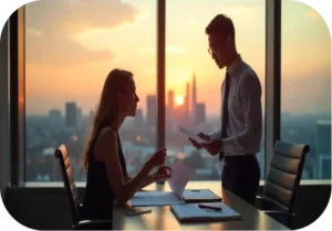 Image of two person talking about a project in the office