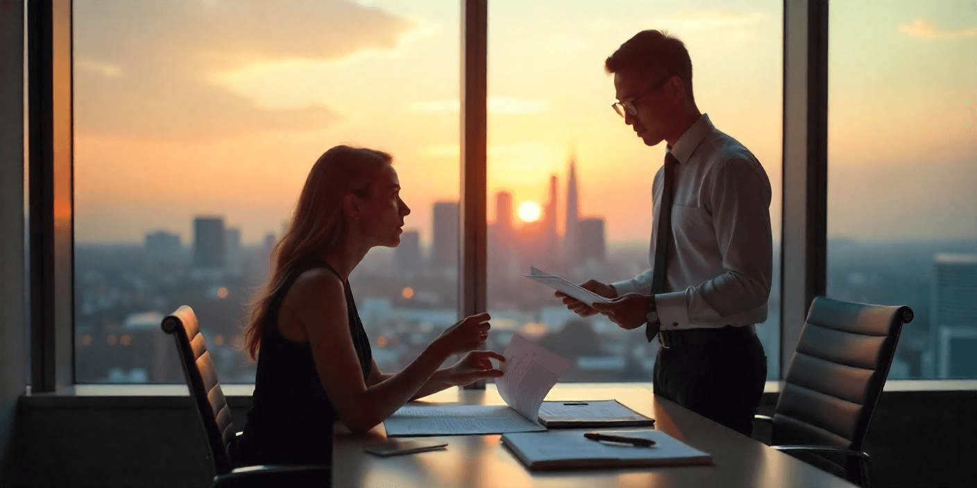Image of two person talking about a project in the office